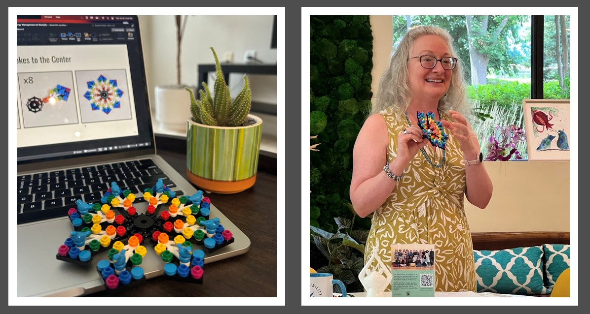 A two-panel collage showcasing Kimpossibility™ workplace team building. On the left, a vibrant LEGO® Energy Management Wheel sits on a laptop in an office setting, illustrating the virtual workshop experience. On the right, Architect of Possibility Kim Westrich holds a completed custom mandala build in a creative studio, highlighting the connection between playful construction and professional wellness.